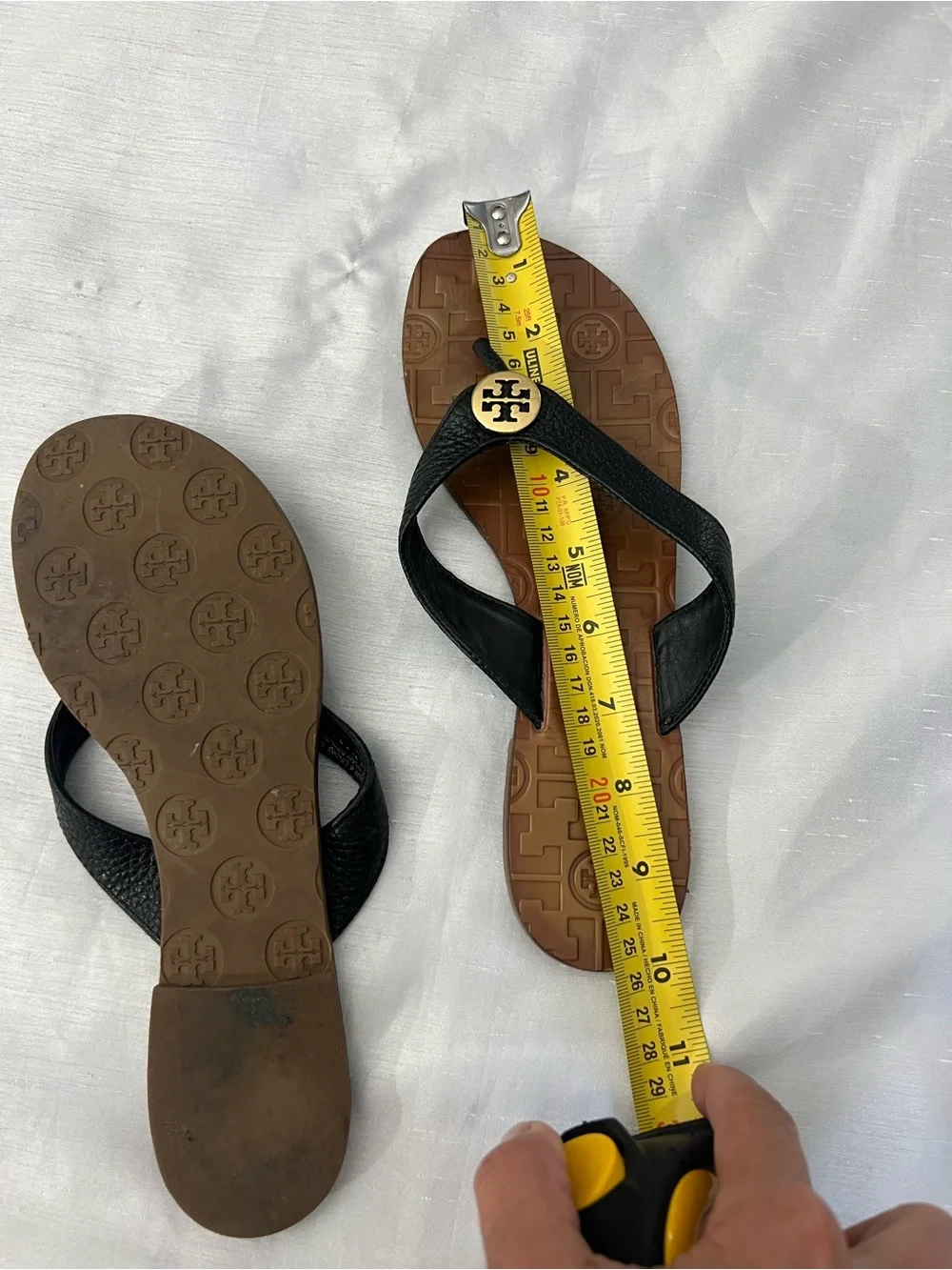 Tory Burch Black Strappy Logo Thong Sandals with Brown Footbed